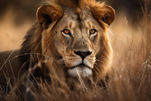 Magnífico Lion Caesar en medio de la hierba dorada de Masai Mara Kenia