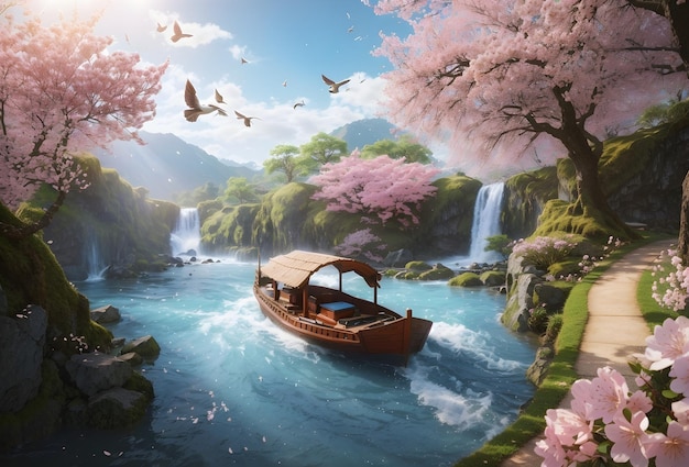 Magnífico paisaje panorámico de primavera con flores de cerezo que caen junto a un lago hermoso y tranquilo
