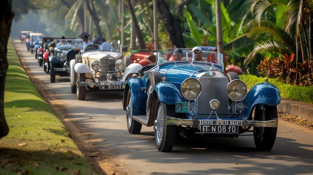 Un magnífico rally de coches antiguos que muestra modelos clásicos que desprenden elegancia y se conservan en impecable condición Testigo de estas joyas automovilísticas en todo su esplendor mientras toman la carretera en un