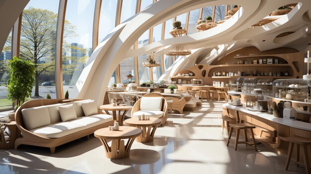 Un magnífico restaurante o cafetería con estilo moderno y un interior de madera de un restaurante