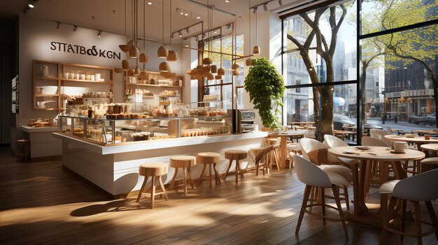 Un magnífico restaurante o cafetería con estilo moderno y un interior de madera de un restaurante