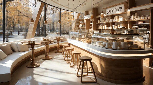 Un magnífico restaurante o cafetería con estilo moderno y un interior de madera de un restaurante