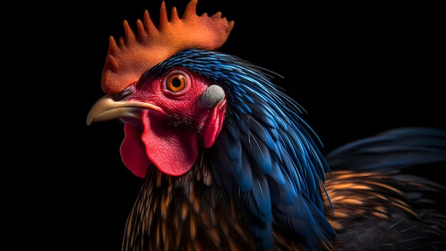 Magnífico retrato cercano de gallo colorido sobre fondo negro fotorrealista generado por red neuronal