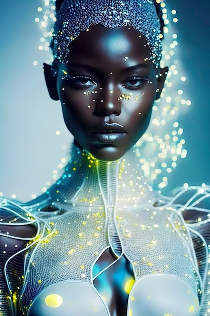 Magnífico retrato de primer plano etéreo mágico futurista bioluminiscente moda cibernética AIGenerated