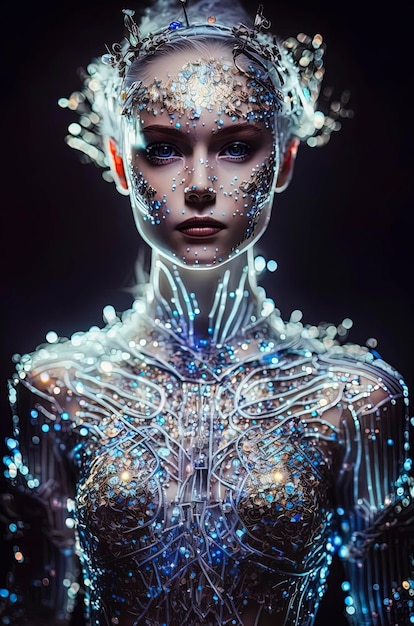 Magnífico retrato de primer plano etéreo mágico futurista bioluminiscente moda cibernética AIGenerated