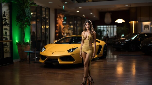 Un magnífico supercoche Lamborghini Terrapin verde limón brilla junto a una impresionante supermodelo en el Sh