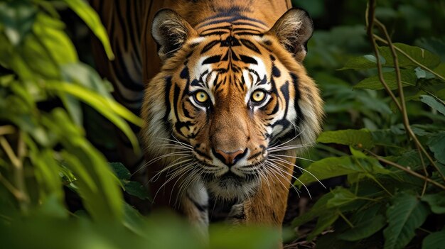 Un magnífico tigre de Bengala merodeando por una densa selva