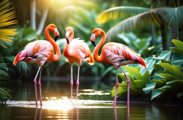 Magníficos flamingos cor-de-rosa em uma lagoa cercada de plantas tropicais