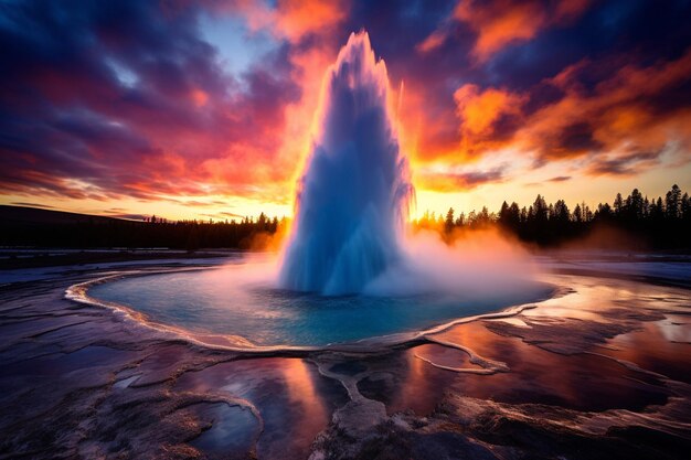 Foto magníficos géiseres en erupción contra un telón de fondo de coloridas puestas de sol