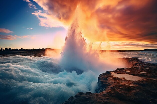 Foto magníficos géiseres en erupción contra un telón de fondo de coloridas puestas de sol