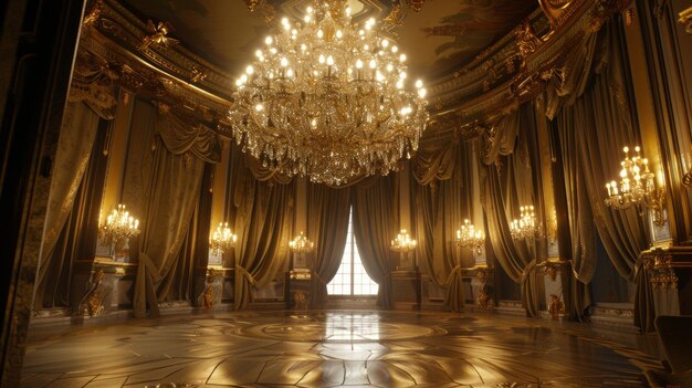 Magníficos lustres iluminam um opulento salão de baile com tons dourados