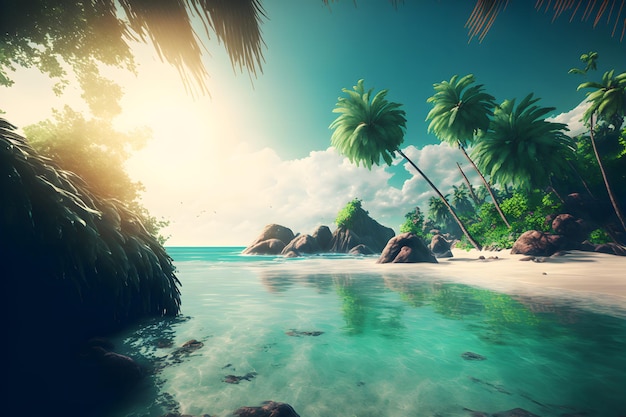 Magníficos seychelles ou maldivas, lugar de refúgio de luxo com palmeiras e água do mar neural ne