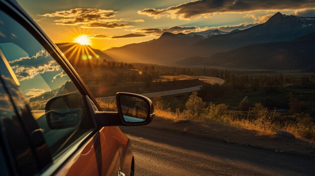 Foto magníficos viajes por las montañas reflexiones cautivadoras del atardecer en la superficie de su automóvil