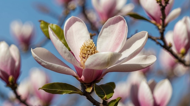 Magnolia-Bäume blühen vor einem klaren Himmel