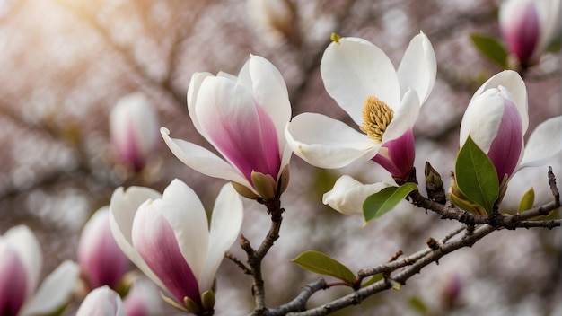 Magnolia-Bäume blühen vor einem klaren Himmel