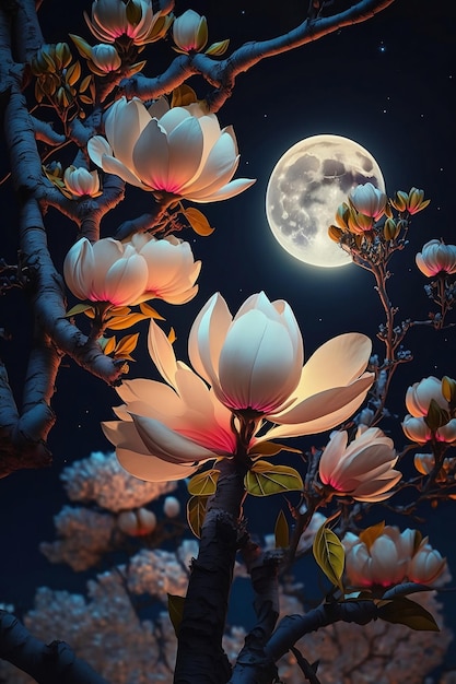 Magnolia blüht nachts bei Vollmond auf Ästen