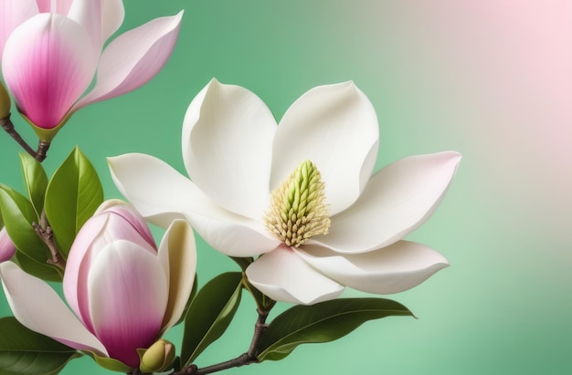 Magnolia e folhas verdes em branco uma bela pintura