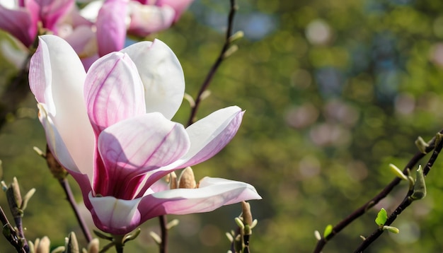 Magnolia en flor en el jardín con espacio de copia