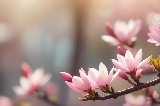 Magnolia im Frühling blühende Garten verschwommen Natur Hintergrund mit Sonnenschein und Bokeh getönt