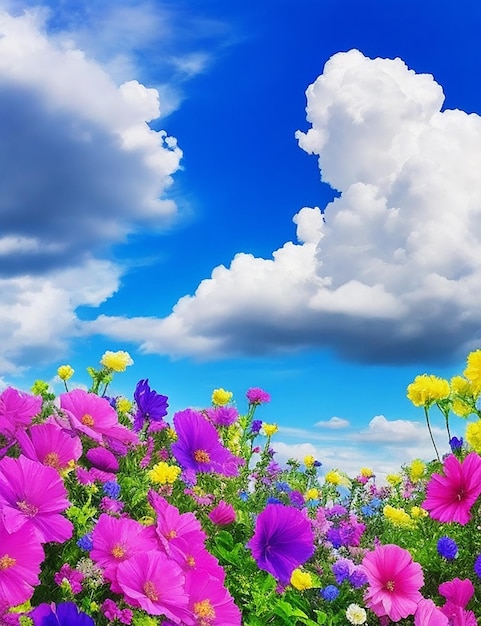 Foto magnólias em flor margaridas no verão primavera prado em fundo céu azul com nuvens brancas