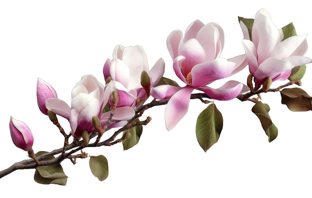 Magnolias en una rama con hojas y flores.