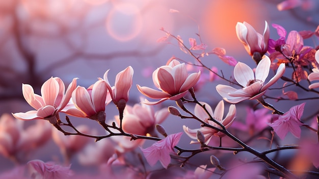 Magnolienblüten im Stil pastellfarbener Traumlandschaften, hellviolettes und hellgoldenes Bokeh-Panorama, hellrot und hellindigo