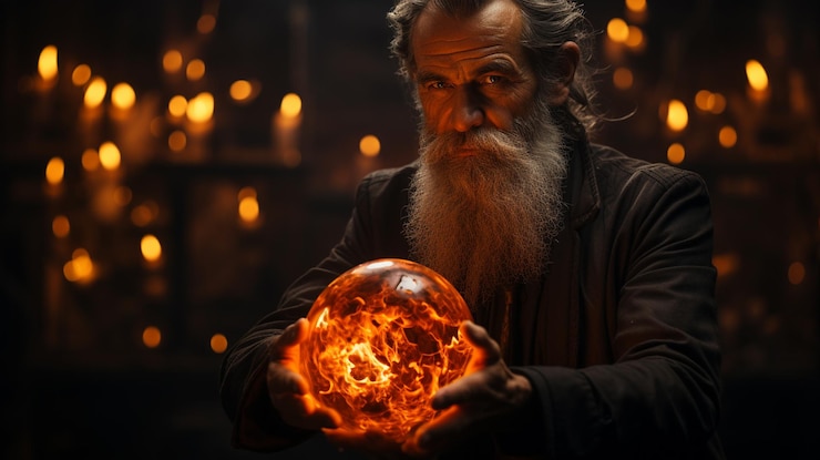 Mago anciano en la bola redonda de fuego