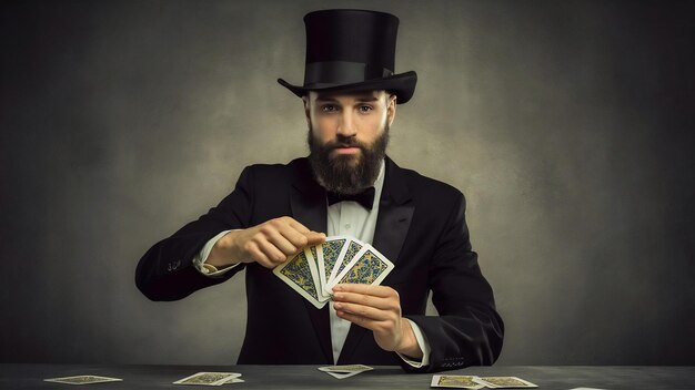 Foto un mago barbudo en un traje negro y sombrero que muestra un truco con cartas de juego en un fondo oscuro