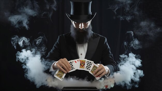 Foto un mago barbudo en un traje negro y sombrero que muestra un truco con cartas de juego en un fondo oscuro