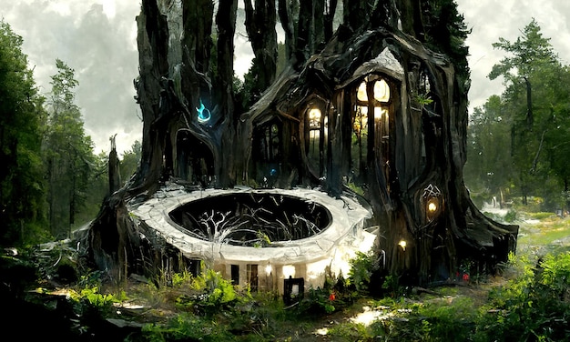 Mago de la casa de fantasía de cuento de hadas en el bosque Un portal a otros mundos Puertas y ventanas brillantes de una casa de cuento de hadas espeluznante en un bosque oscuro ilustración fantástica