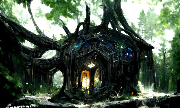 Mago de la casa de fantasía de cuento de hadas en el bosque Un portal a otros mundos Puertas y ventanas brillantes de una casa de cuento de hadas espeluznante en un bosque oscuro ilustración fantástica