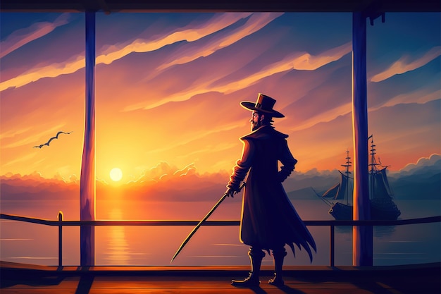 Mago com uma varinha mágica parado no navio contra o fundo do pôr do sol ilustração do estilo de arte digital pintura conceito de fantasia de um mago parado ao pôr do sol