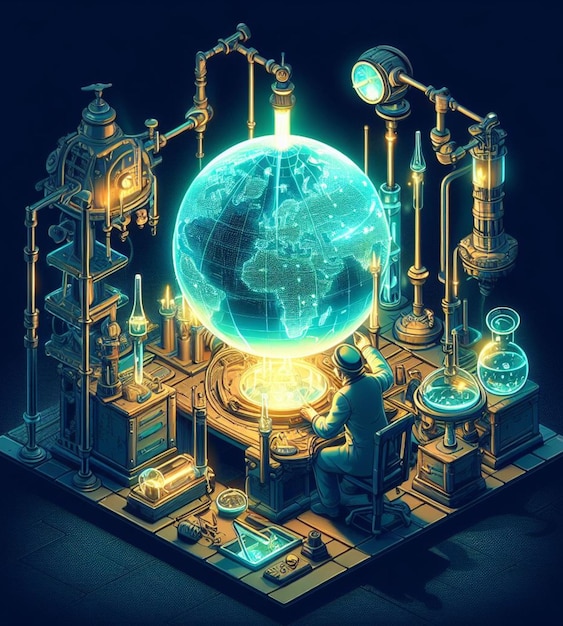 mago dios artesano mecánico en laboratorio verificar reparar la salud del planeta como ilustración del concepto del día de la tierra