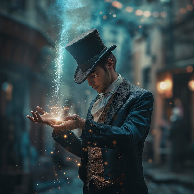 Un mago empuñando un encantamiento Un hombre con un sombrero agarrando una chispa