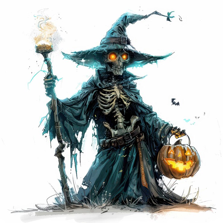 El mago del esqueleto de Halloween con ojos brillantes sosteniendo una calabaza y una linterna de fondo aislado blanco