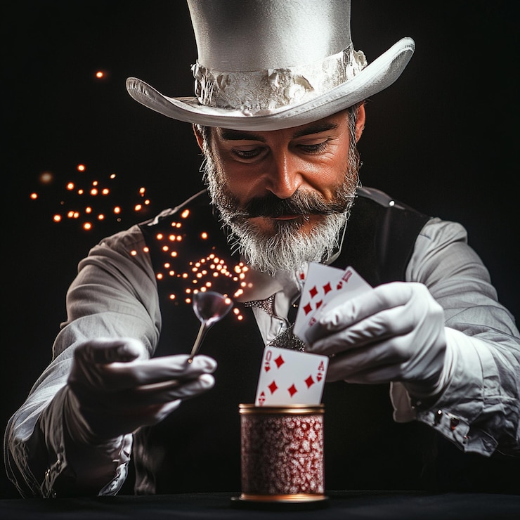Foto mago con guantes blancos evoca cartas de juego de un cilindro con una varita mágica