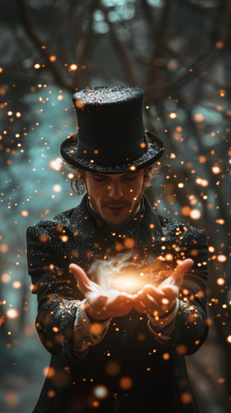 Foto mago hipnotizando com foco intrincado ilusionista cativando o público com truques de mão