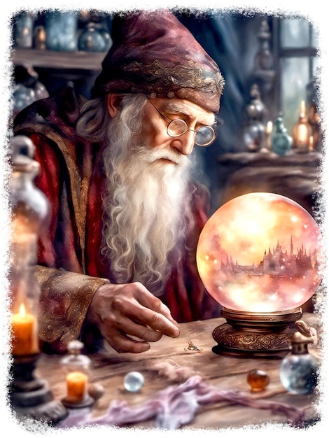 El mago con la ilustración de la bola de cristal