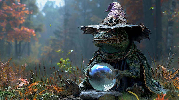Un mago lagarto verde se sienta en un bosque exuberante sosteniendo una bola de cristal el mago lleva una túnica púrpura y un alto sombrero puntiagudo