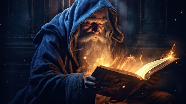 Foto un mago leyendo un libro sobre hechizos