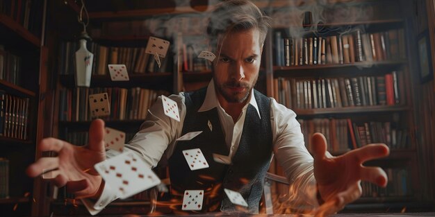 Foto el mago muestra trucos con cartas de juego, destreza de la mano, manipulación con accesorios.