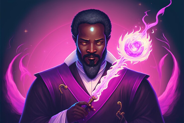 Foto mago negro com uma varinha mágica convocando o dragão ilustração de estilo de arte digital pintura conceito de fantasia de um mago com o dragão
