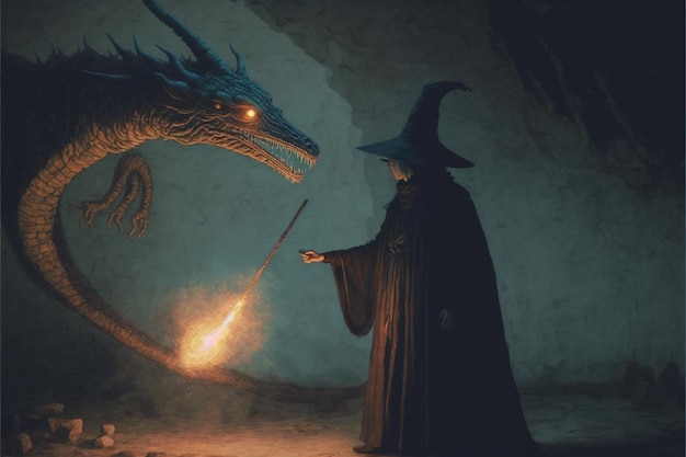 Mago negro con una varita mágica que invoca al dragón estilo de arte digital ilustración pintura concepto de fantasía de un mago con el dragón