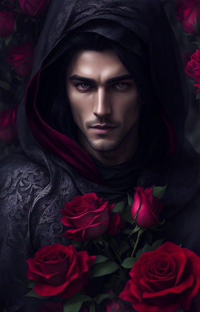 mago oscuro con flores rojas