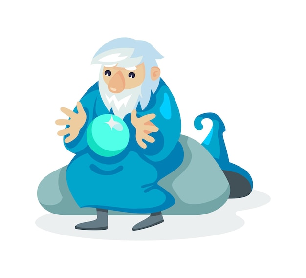 Foto mago personaje masculino mago un hechicero en un manto y sombrero hechicero conjuga sobre la bola mágica concepto de magia y brujería mago personaje masculino de dibujos animados ilustración vectorial aislada
