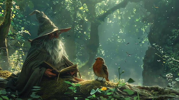 Foto un mago está sentado en un tronco en el bosque está leyendo un libro un pájaro está posado en el tronco a su lado