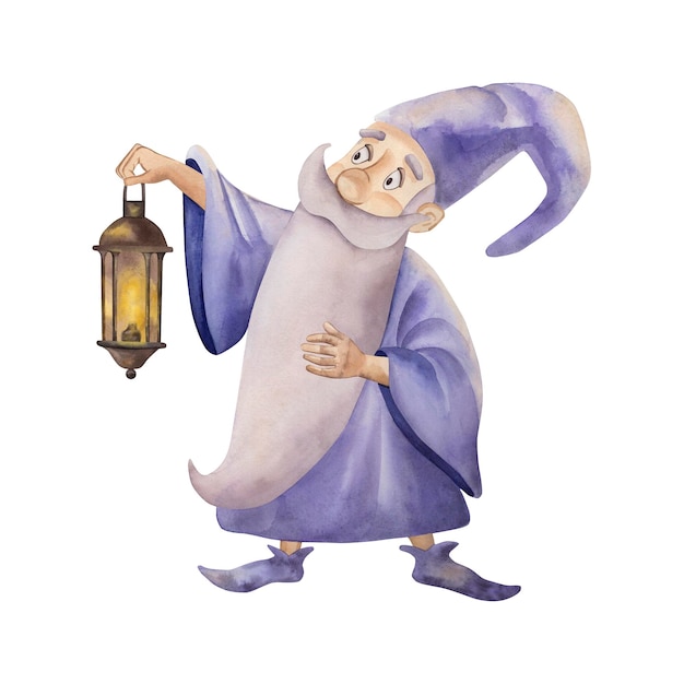 El mago sostiene una linterna en sus manos ilustración con un mago y una linterna está dibujada a mano con