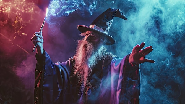 Un mago en un traje de lujo con una varita mágica crea magia misticismo mágico Edad Media túnica mágica anciano barba bruma disfraz cosplay generado por IA