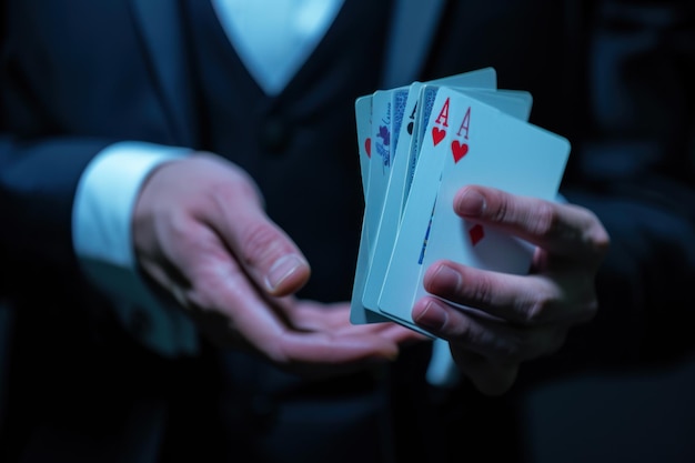 Foto mago en traje realizando un truco de cartas con un toque de misterio