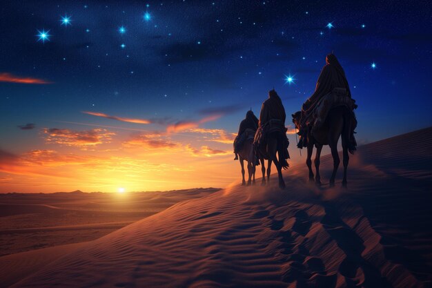 Foto los magos atraviesan el desierto guiados por las estrellas que llevan regalos de navidad